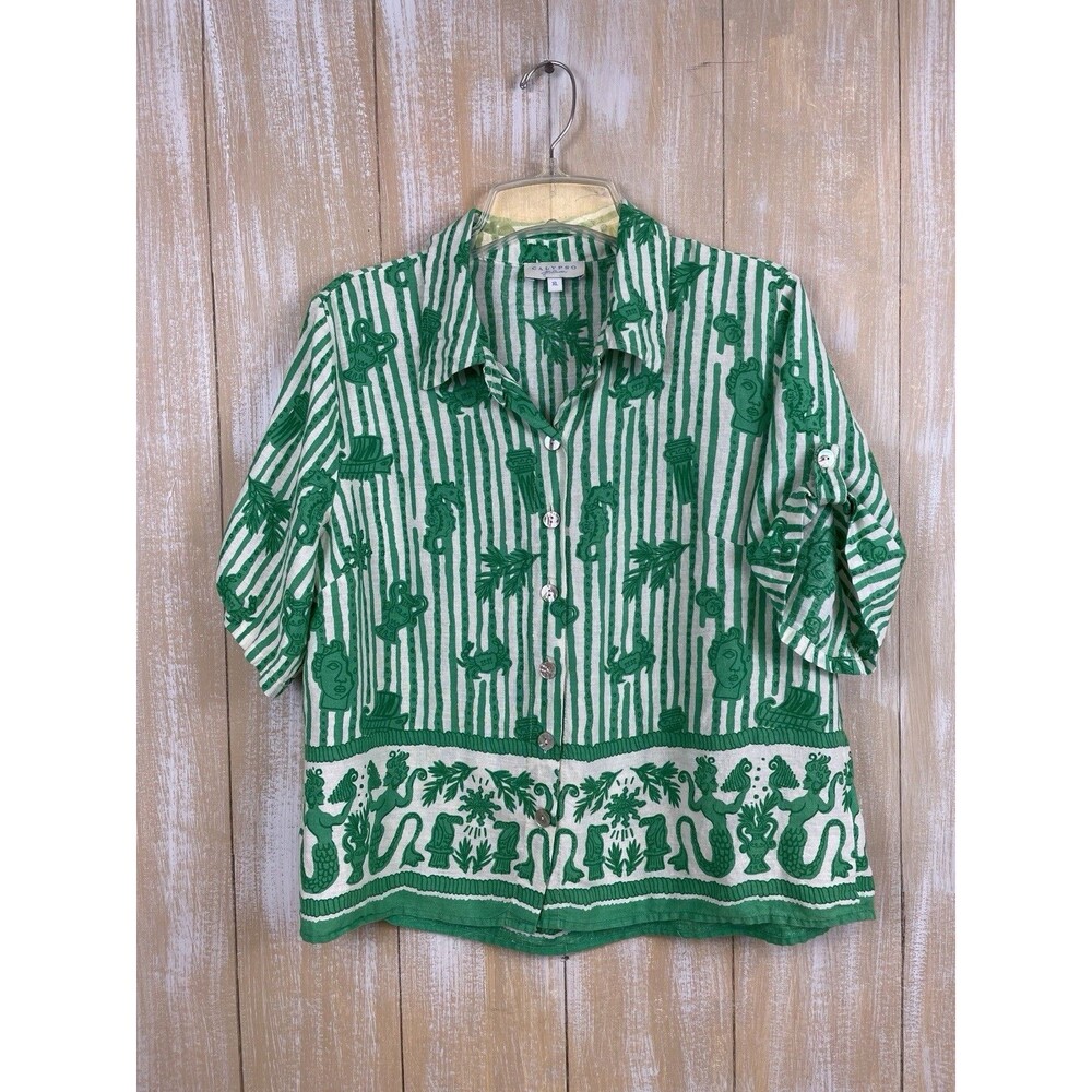 Calypso St Barth XL Linen Greek Green White Striped Button Up Short Sleeve Shirt